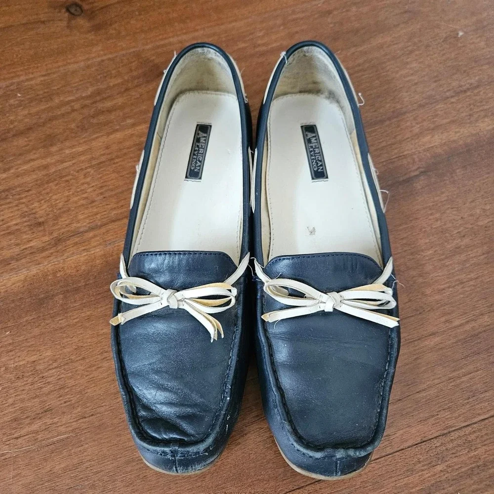 Vintage American Living Navy Blue Leather Bow Loafers Driving Shoes Womens 9.5